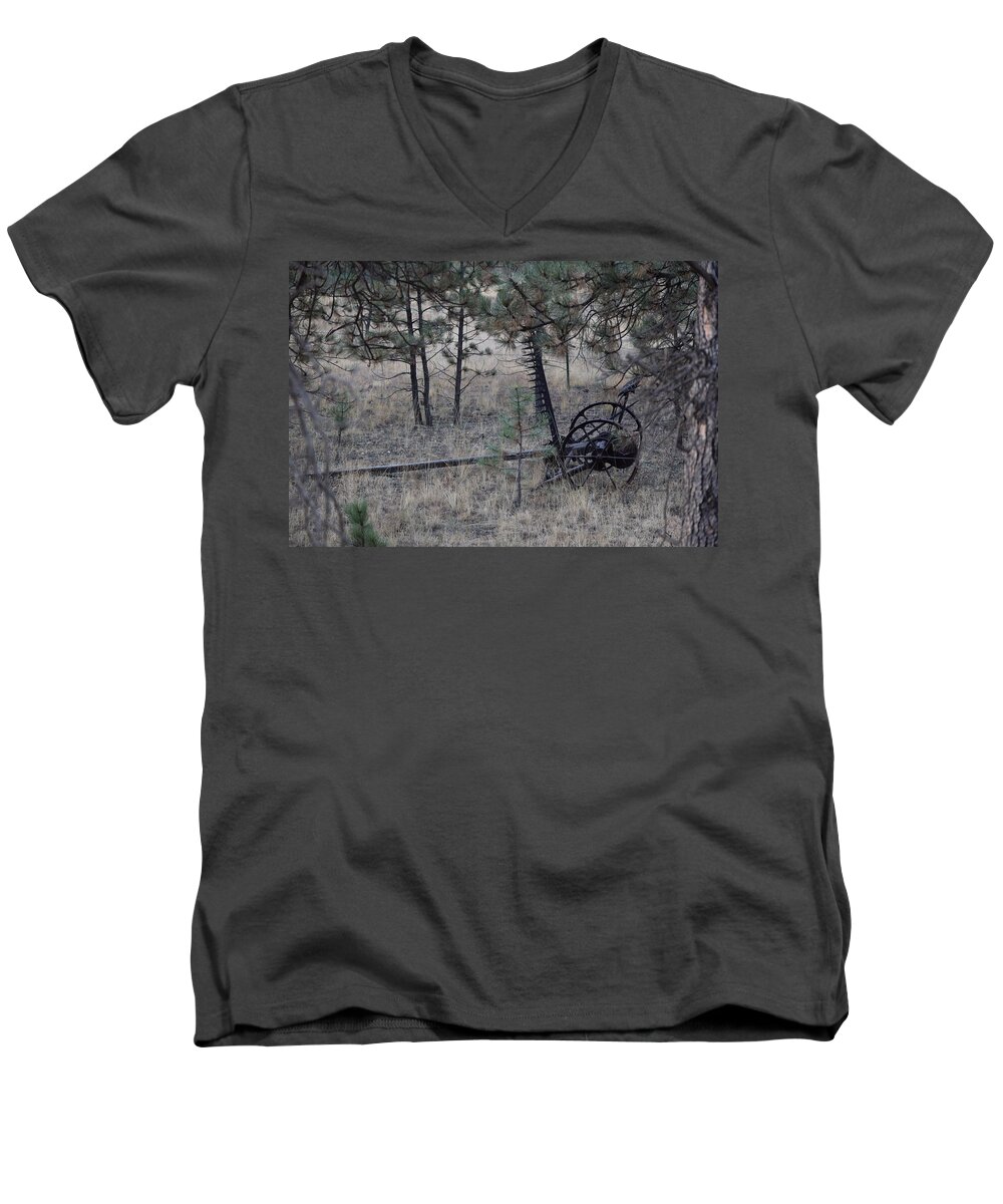 Old Men's V-Neck T-Shirt featuring the photograph Old Farm Implement Lake George CO #4 by Margarethe Binkley