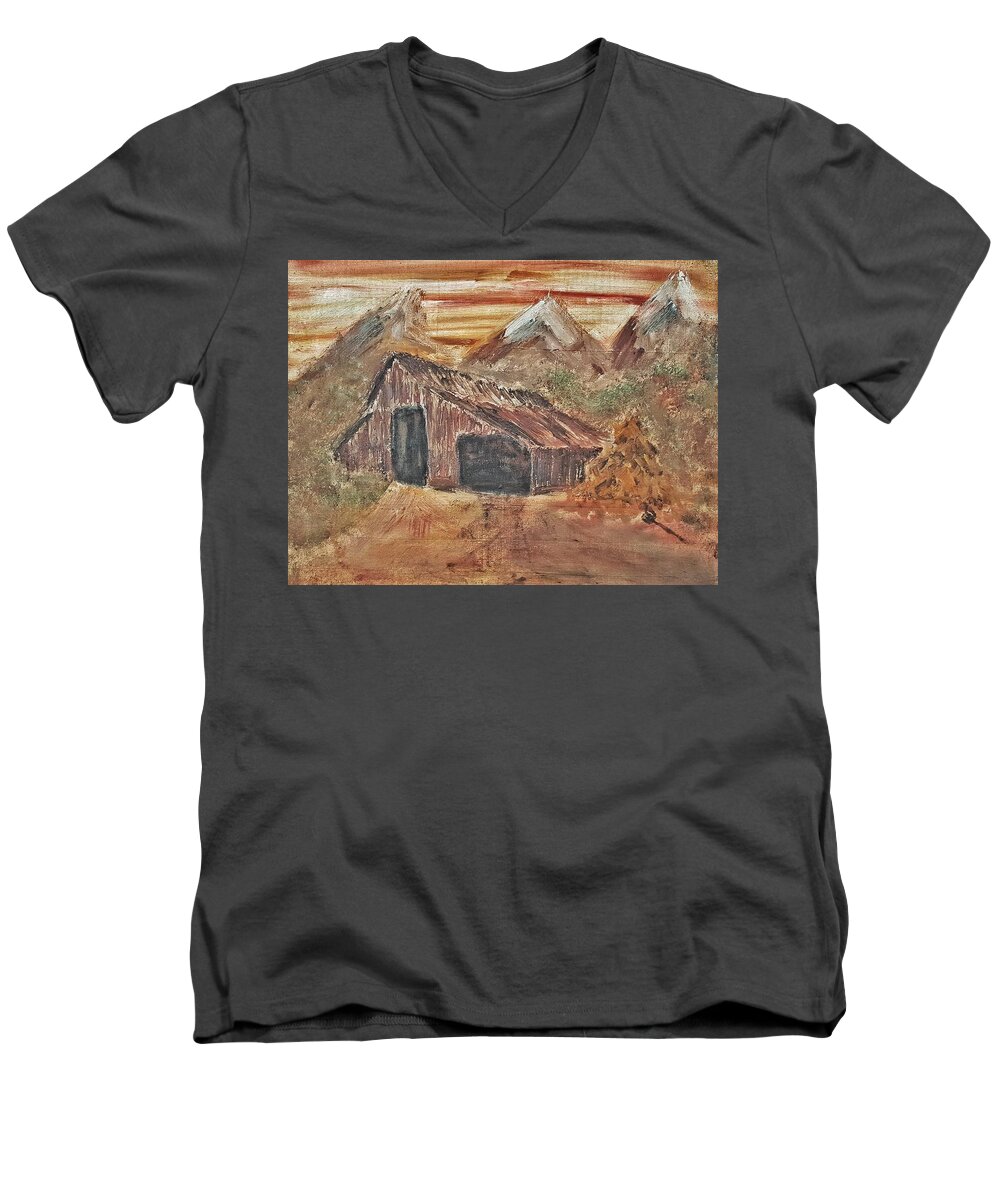 Old Farmhouse Men's V-Neck T-Shirt featuring the painting Old Farmhouse with Hay stack in a snow capped mountain range with tractor tracks gouged in the soft by MendyZ
