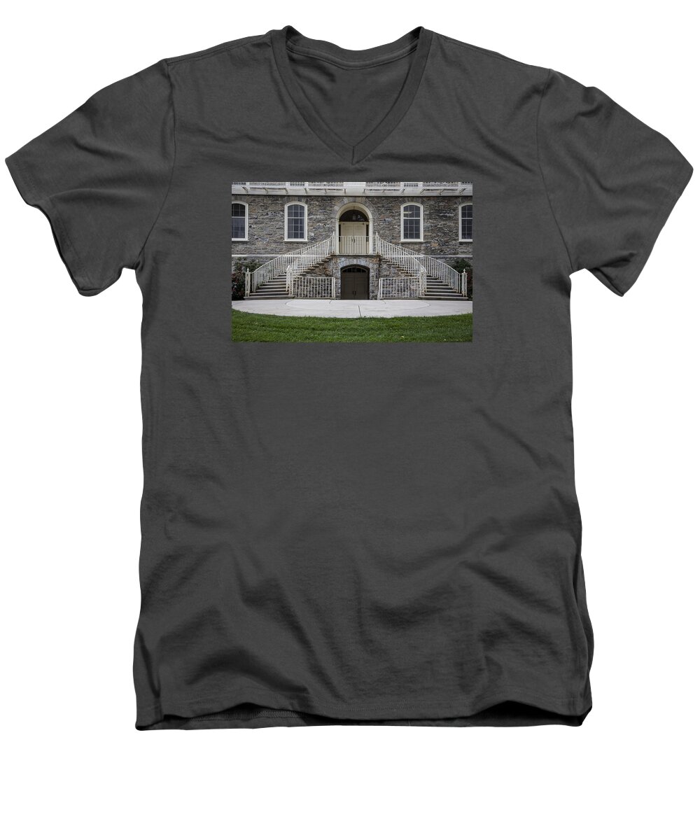 Penn State Men's V-Neck T-Shirt featuring the photograph Old Main Penn State Stairs by John McGraw