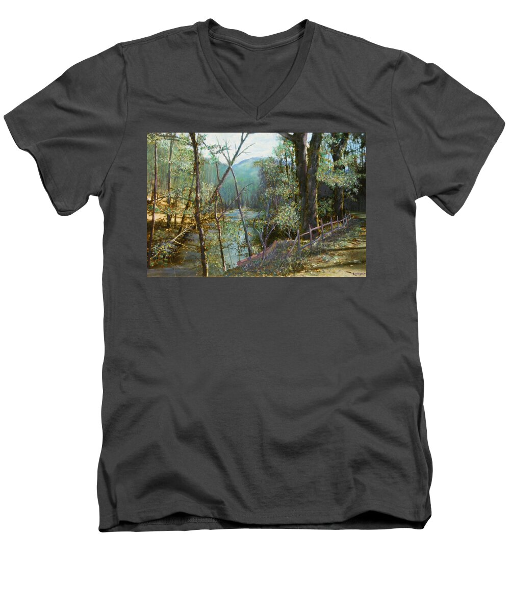 River; Trees; Landscape Men's V-Neck T-Shirt featuring the painting Old Man River by Ben Kiger