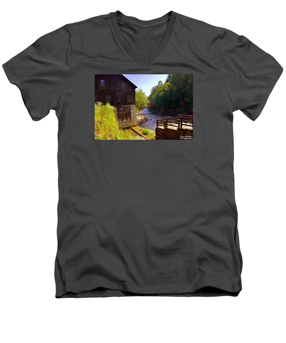 Mcconnells Mill State Park Pa Men's V-Neck T-Shirt featuring the photograph Old Mill and Covered Bridge at McConnells Mill State Park PA by Lisa Wooten