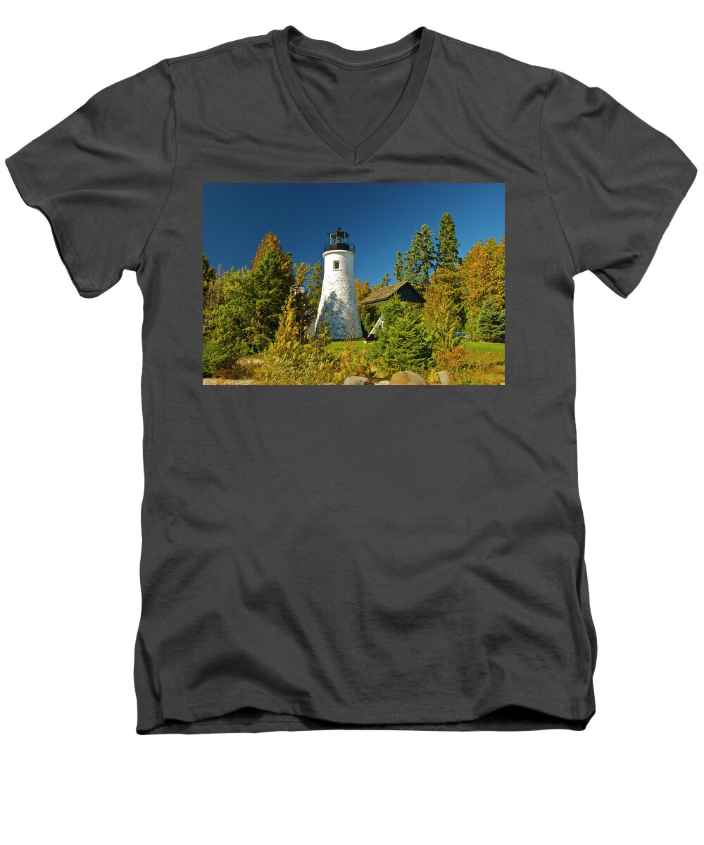 Old Men's V-Neck T-Shirt featuring the photograph Old Presque Isle Lighthouse_9488 by Michael Peychich