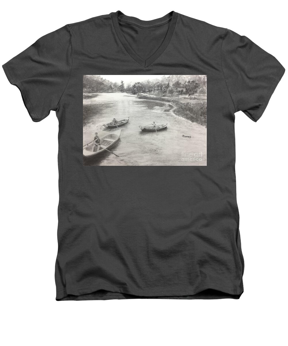 Lake Men's V-Neck T-Shirt featuring the drawing Old Time Camp Days by Mary Lynne Powers