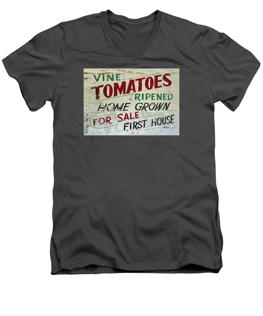 Old Tomato Sign Men's V-Neck T-Shirt featuring the photograph Old Tomato Sign - Vine Ripened Tomatoes by Rebecca Korpita