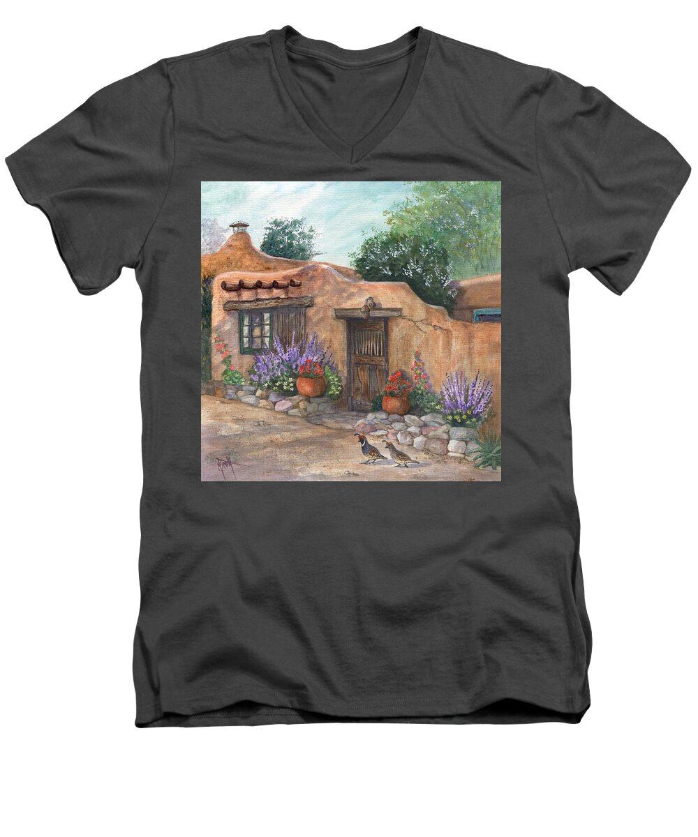 Old Adobe Men's V-Neck T-Shirt featuring the painting Old Adobe Cottage by Marilyn Smith