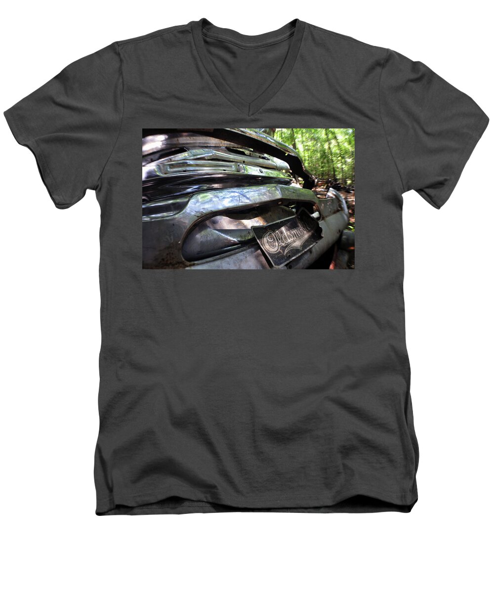Oldsmobile Men's V-Neck T-Shirt featuring the photograph Oldsmobile Bumper Detail by Matthew Mezo