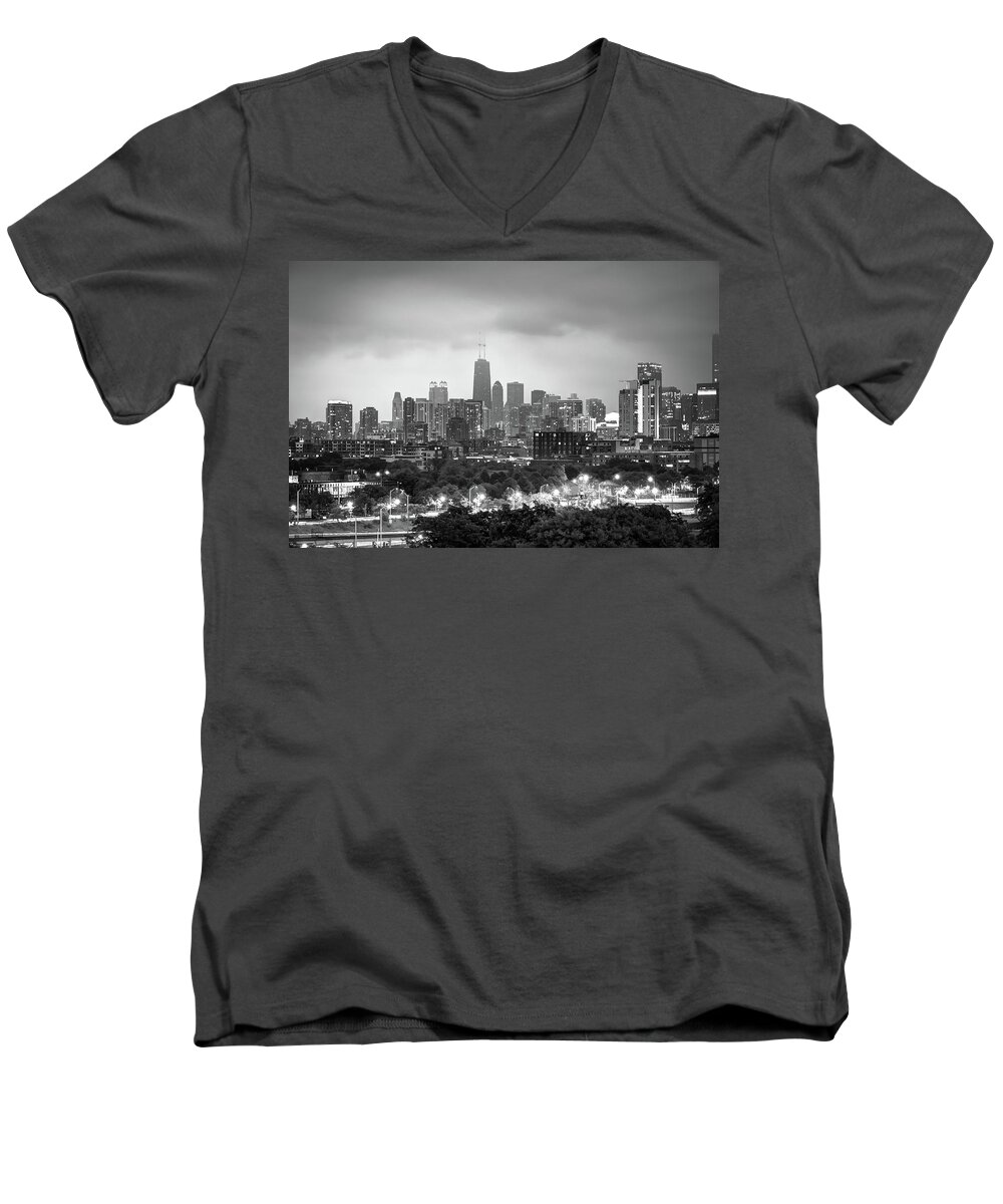 America Men's V-Neck T-Shirt featuring the photograph Ominous Skies Over Chicago City Skyline - BW by Gregory Ballos