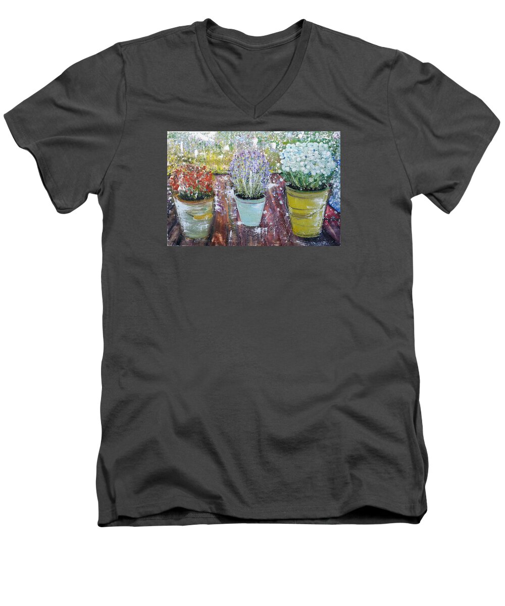 Flowers Men's V-Neck T-Shirt featuring the painting On Grandma's Porch by Evelina Popilian