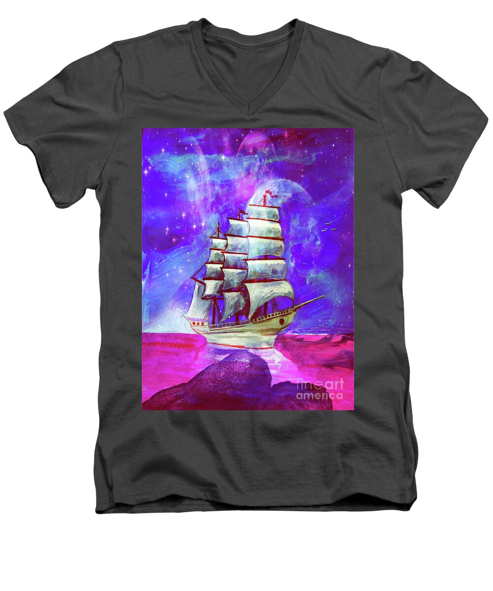 Sea Men's V-Neck T-Shirt featuring the digital art On the Sea At Sunset by Digital Art Cafe