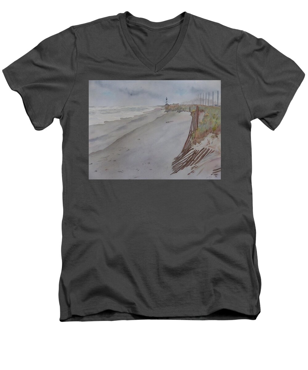 Old Hatteras Lighthouse Men's V-Neck T-Shirt featuring the painting Once there was a Lighthouse by Joel Deutsch