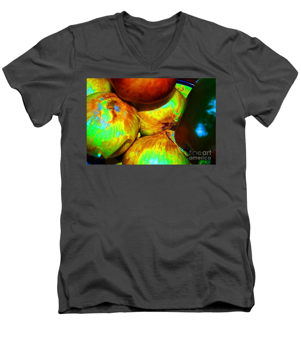 Apples Men's V-Neck T-Shirt featuring the digital art Onions Apples Pepper Closeup by George D Gordon III
