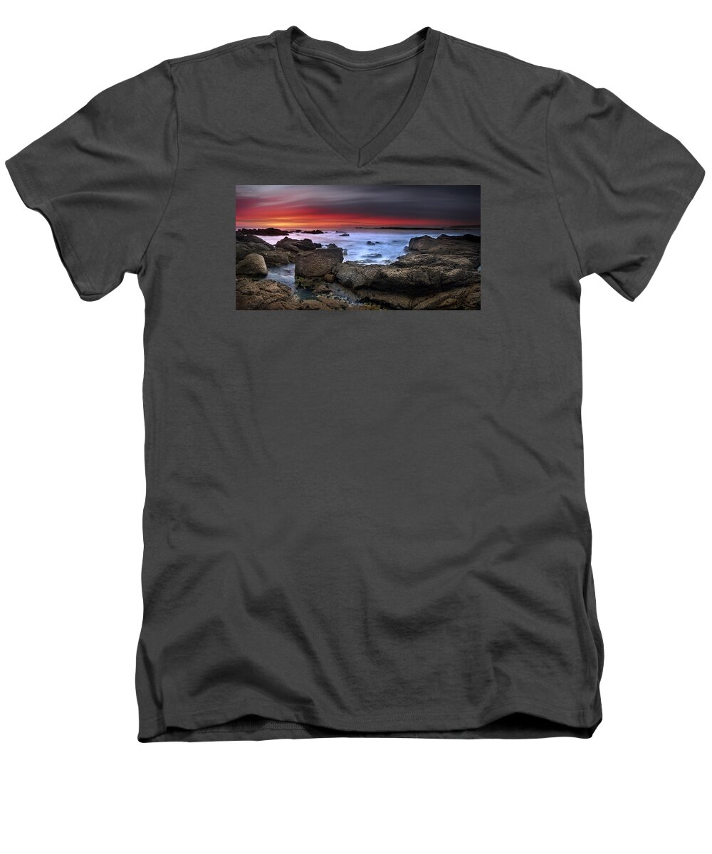 #rainbow #john #chivers #seascape #landscape #cornwall #rocks #rocky #colourful #interesting #beautiful #magical #fantastic #stunning #relaxing #sand #sea #waves #crashing #panoramic #long #red Men's V-Neck T-Shirt featuring the photograph Opposites Attract by John Chivers