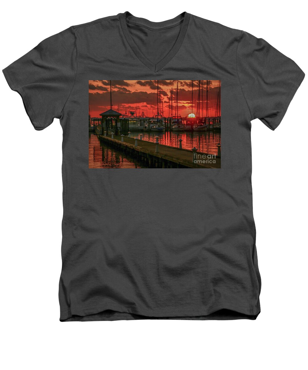 Marina Men's V-Neck T-Shirt featuring the photograph Orange Marina Sunrise by Tom Claud