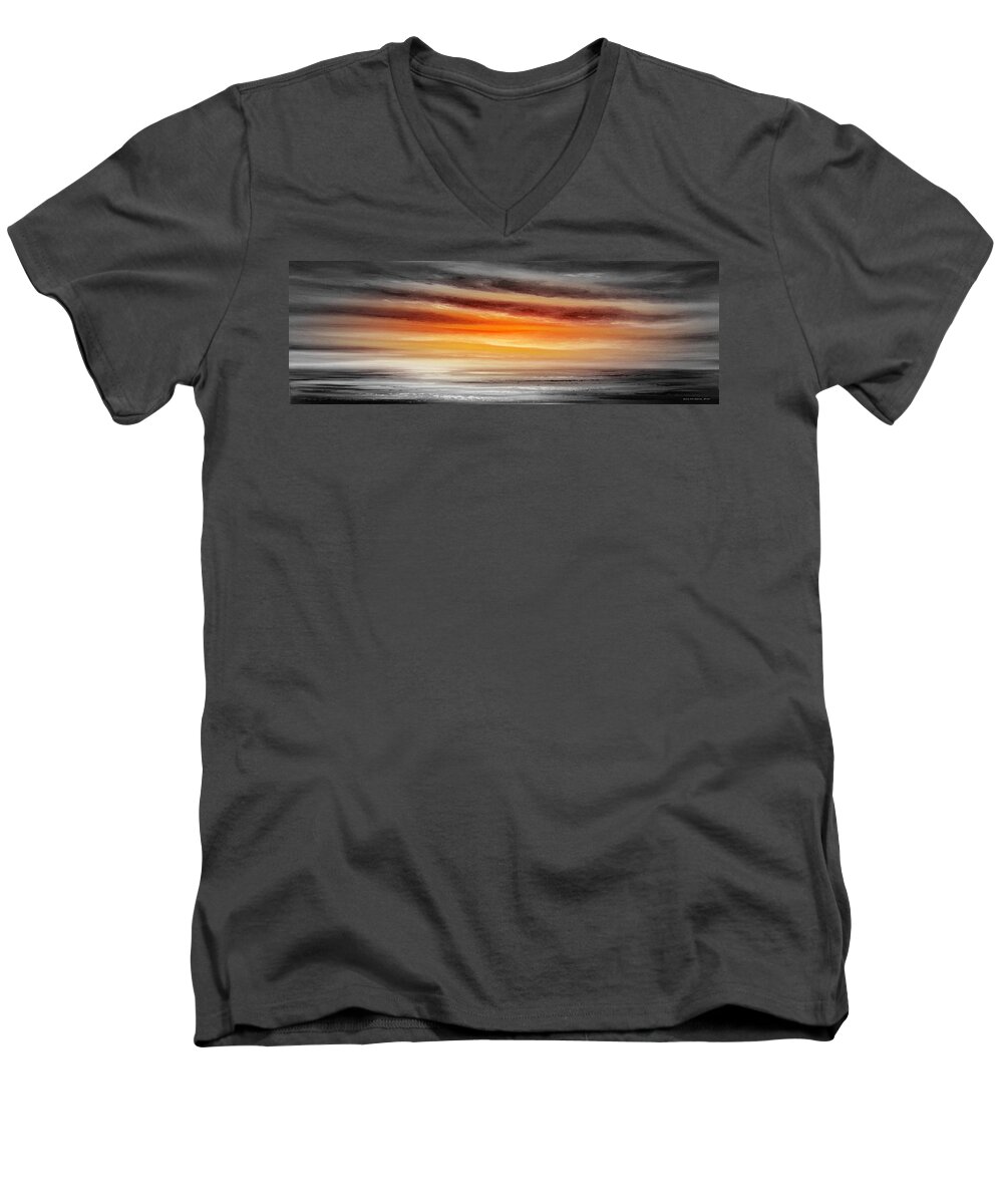 Sunset Men's V-Neck T-Shirt featuring the painting Orange Sunset - Panoramic by Gina De Gorna
