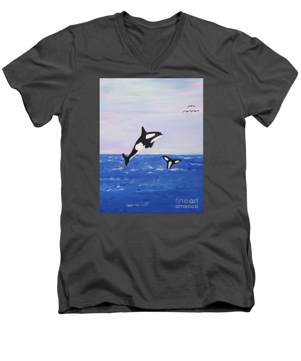 Orcas Men's V-Neck T-Shirt featuring the painting Orcas in the Morning by Karen Jane Jones