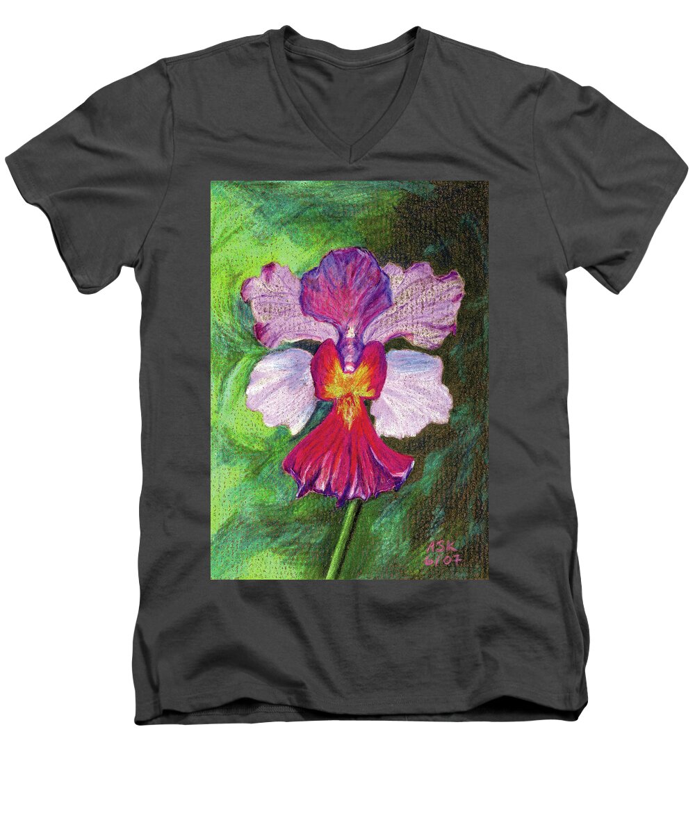 Orchid Men's V-Neck T-Shirt featuring the drawing Orchid by Anne Katzeff