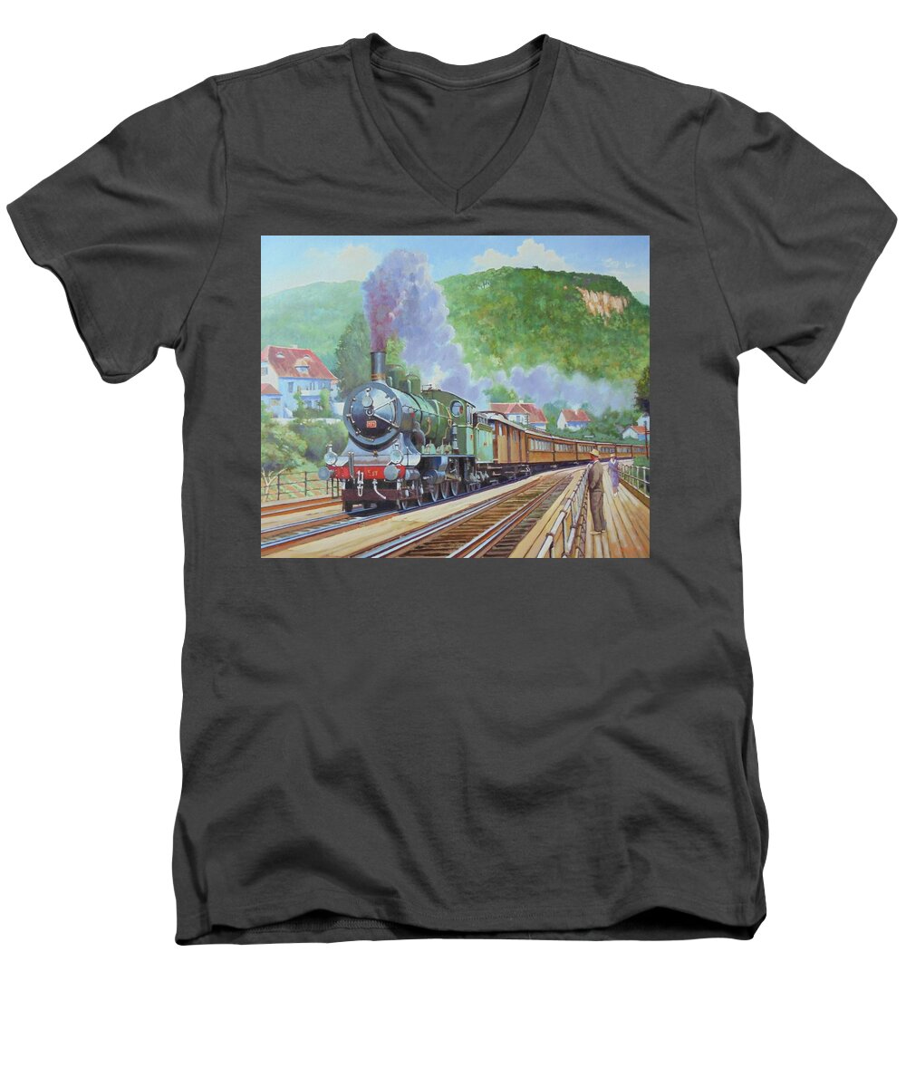 Steam Men's V-Neck T-Shirt featuring the painting Orient express 1920 by Mike Jeffries