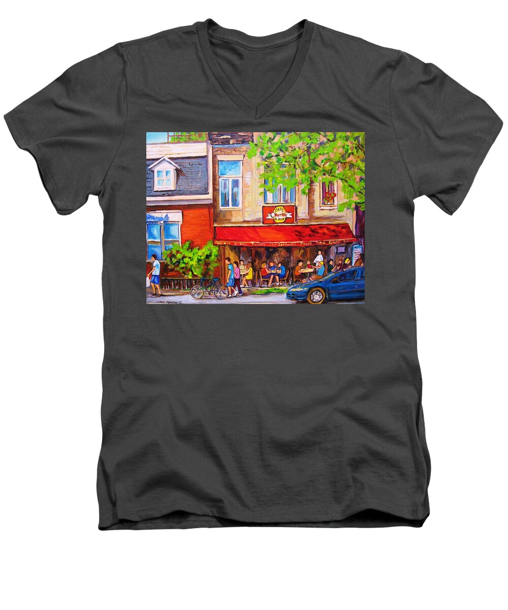 Montreal Men's V-Neck T-Shirt featuring the painting Outdoor Cafe by Carole Spandau