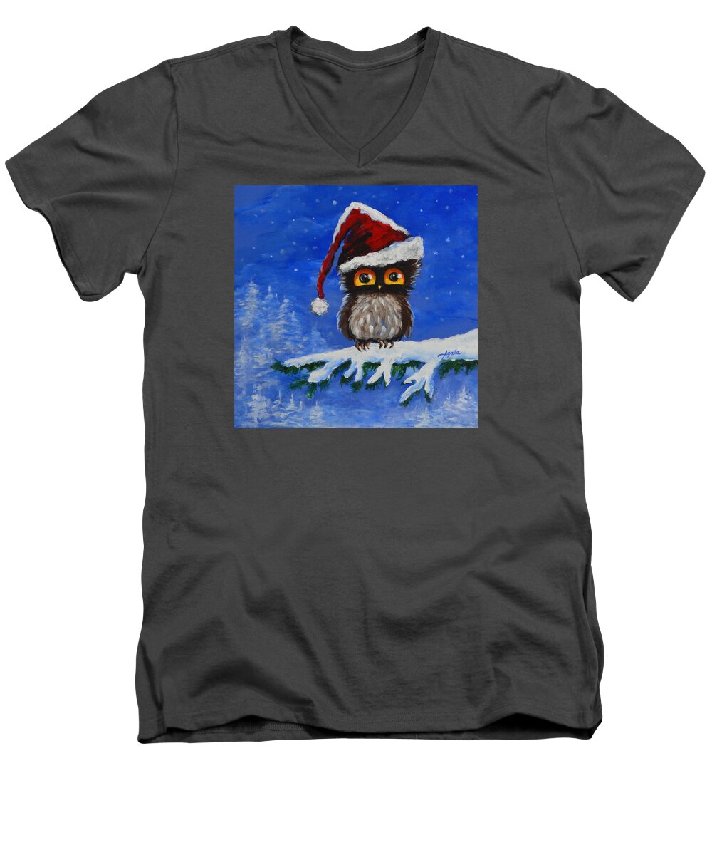 Owl Men's V-Neck T-Shirt featuring the painting Owl be Home for Christmas by Agata Lindquist