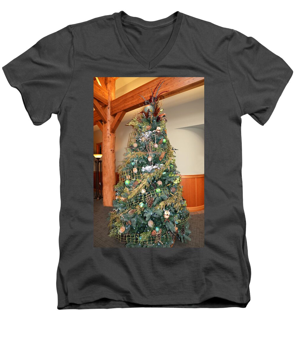 Christmas Card Men's V-Neck T-Shirt featuring the photograph Owl Xmas Tree by Ginny Barklow