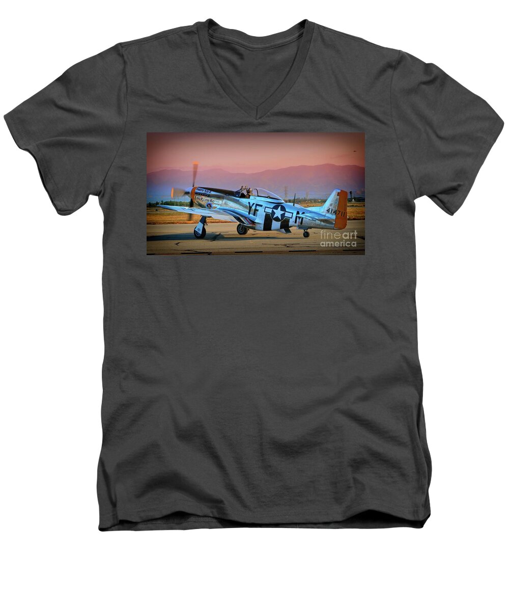 Transportation Men's V-Neck T-Shirt featuring the photograph P-51D Mustang 'Dakota Kid II. The Long Island Kid' and Casey Odegaard by Gus McCrea