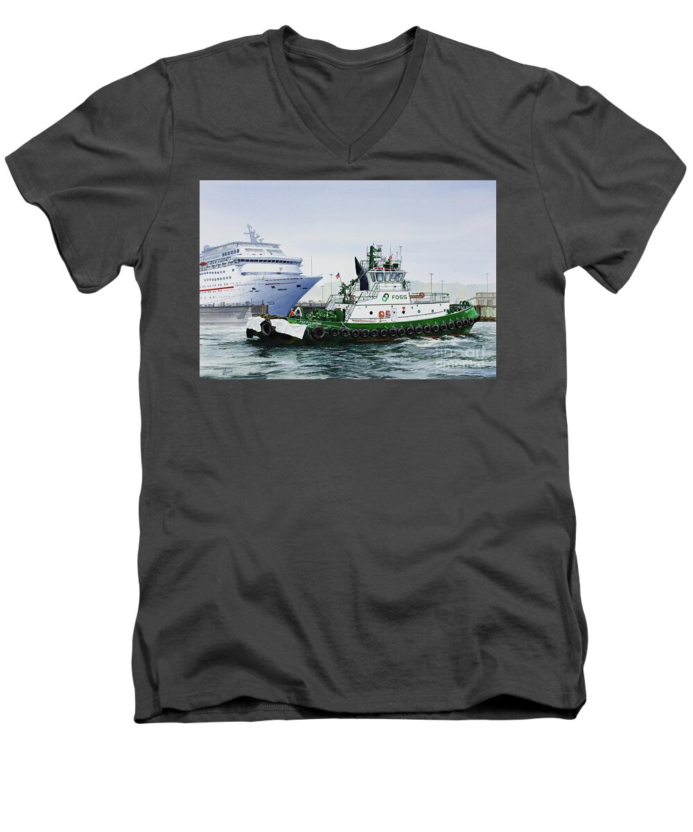 Pacific Escort Men's V-Neck T-Shirt featuring the painting PACIFIC ESCORT Cruise Ship Assist by James Williamson