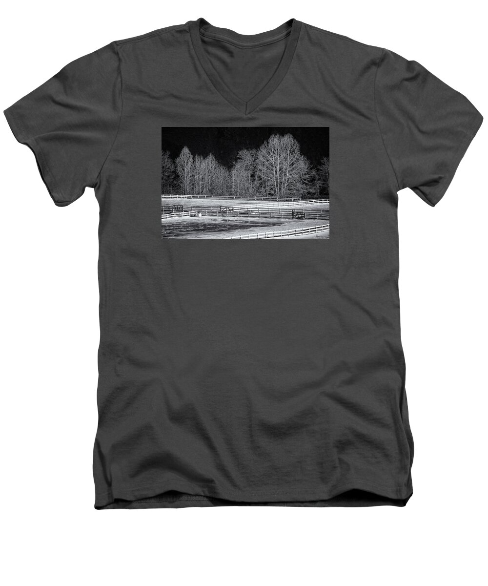 Horse Farm Autumn Men's V-Neck T-Shirt featuring the photograph Paddocks and Trees by Tom Singleton