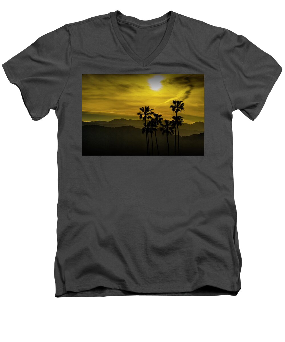 Tree Men's V-Neck T-Shirt featuring the photograph Palm Trees at Sunset with Mountains in California by Randall Nyhof
