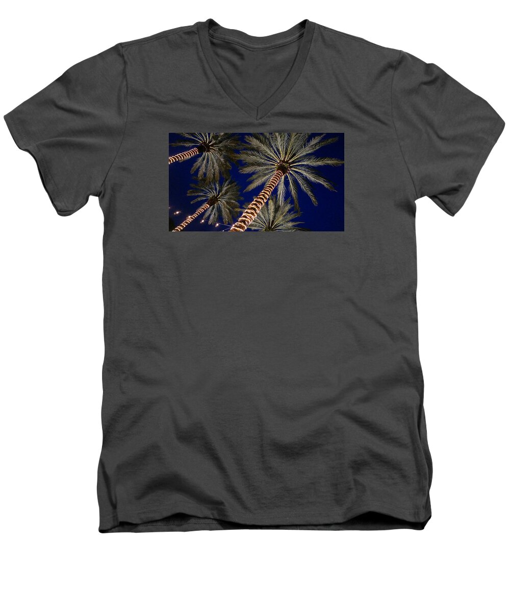 Palm Men's V-Neck T-Shirt featuring the photograph Palm Trees Wrapped In Lights by Lawrence S Richardson Jr