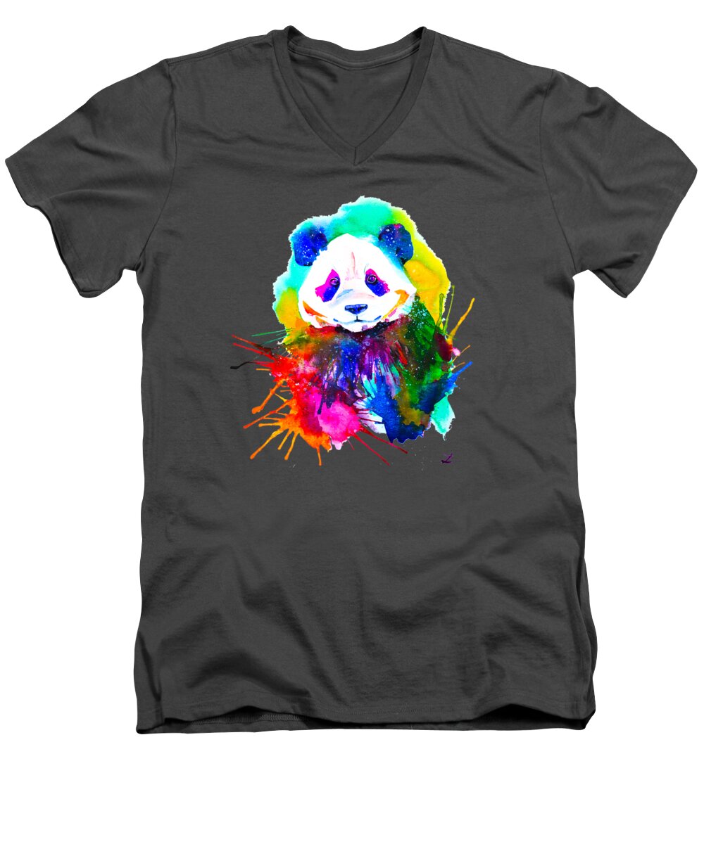 Panda Men's V-Neck T-Shirt featuring the painting Panda Splash by Zaira Dzhaubaeva