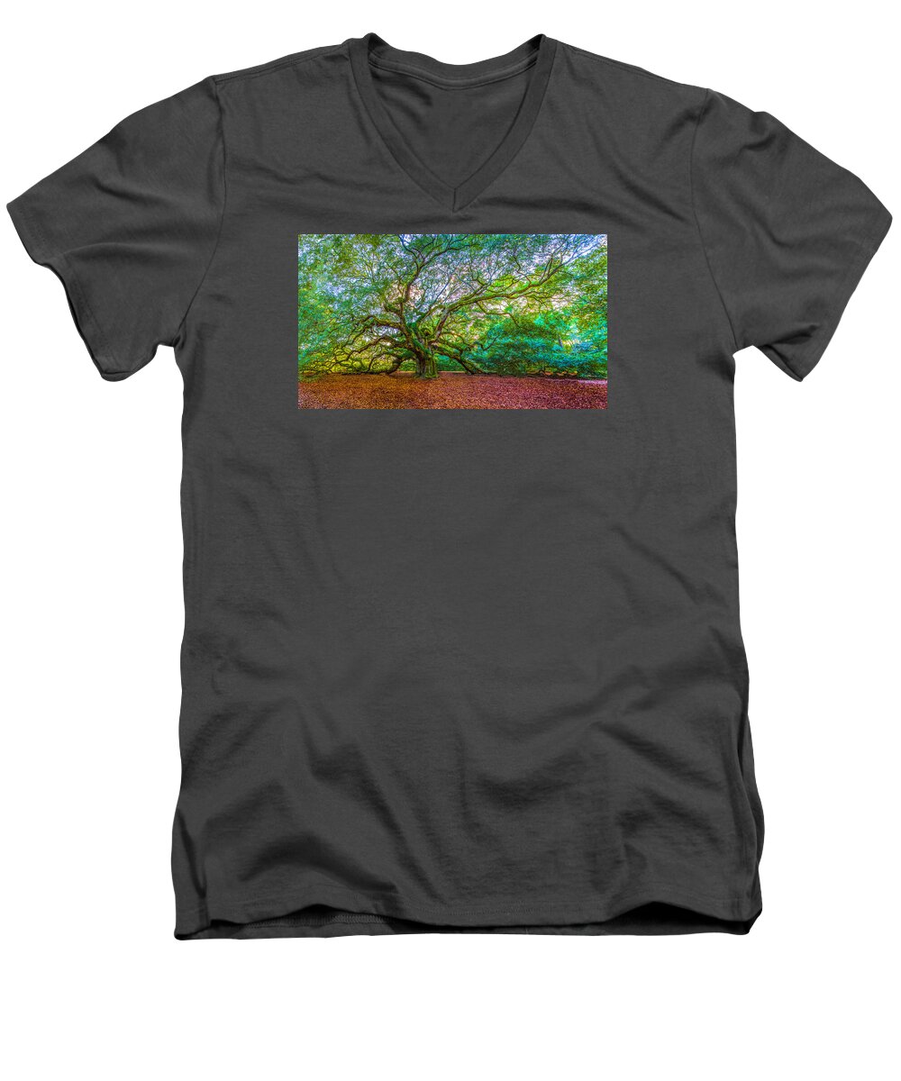 Angel Oak Tree Men's V-Neck T-Shirt featuring the photograph Panoramic Angel Oak Tree Charleston SC by John McGraw