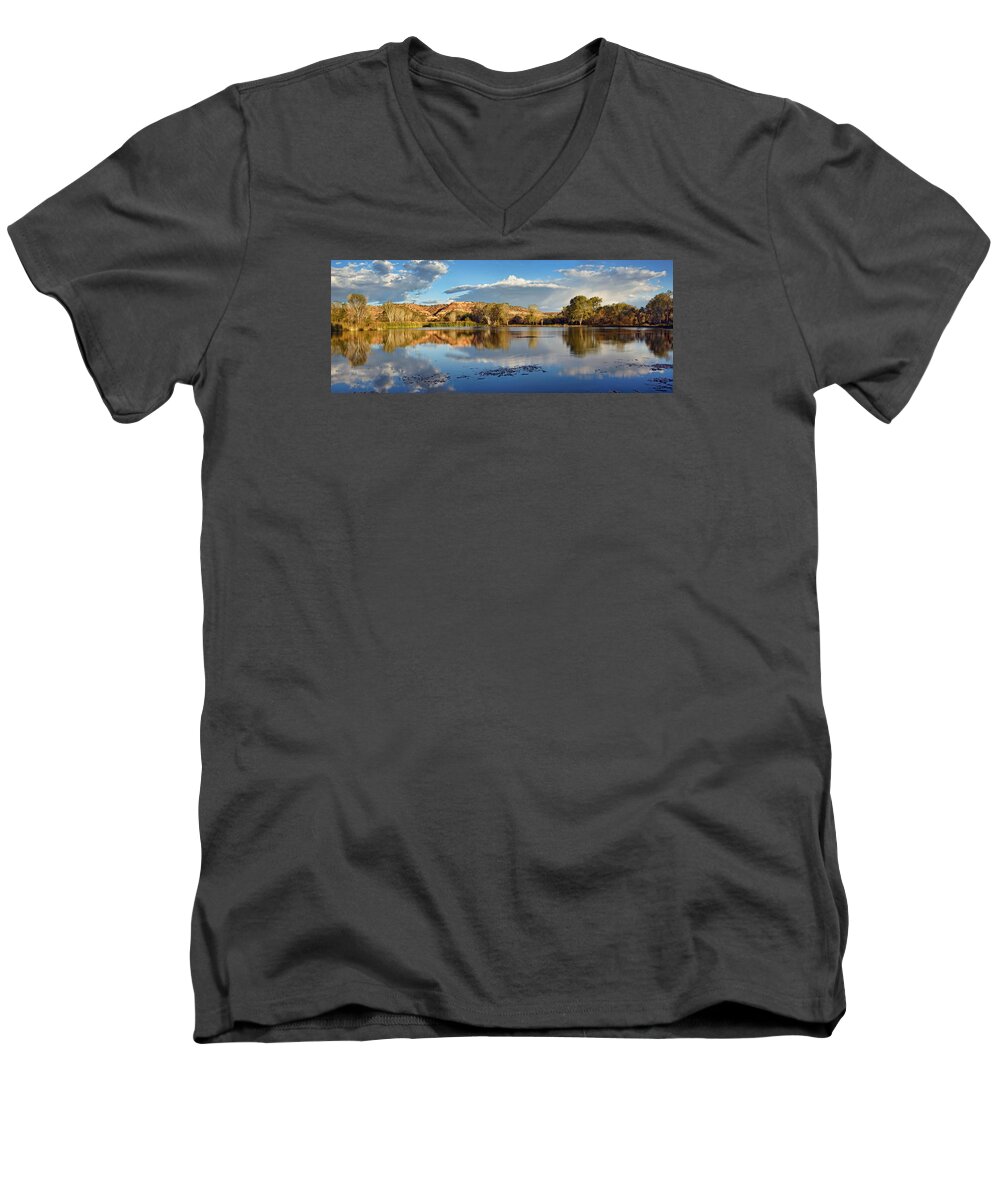 Landscape Men's V-Neck T-Shirt featuring the photograph Panoramic Reflections by Leda Robertson