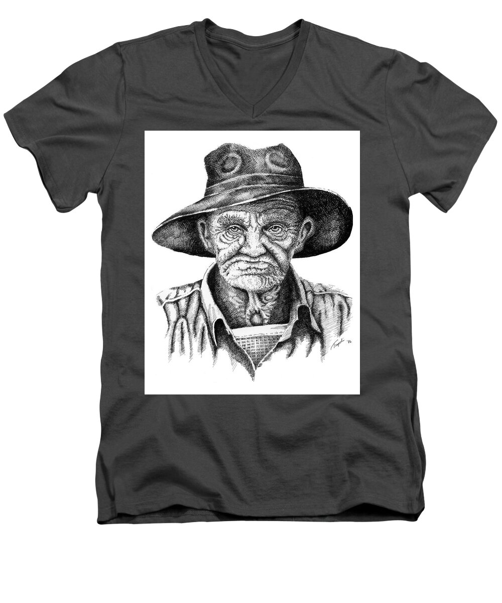 Western Men's V-Neck T-Shirt featuring the drawing Pappy by Lawrence Tripoli