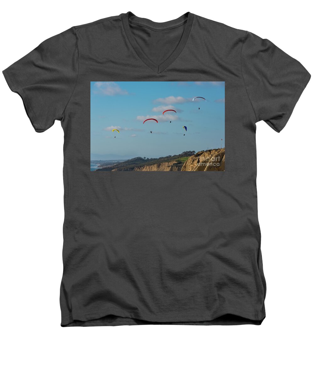 Beach Men's V-Neck T-Shirt featuring the photograph Paragliders at Torrey Pines Gliderport by David Levin