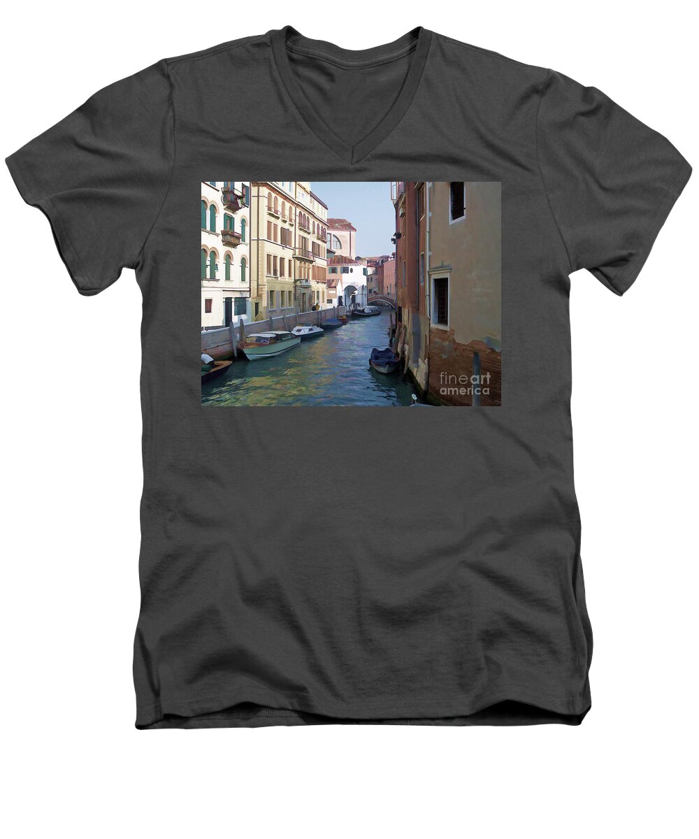 Canals Men's V-Neck T-Shirt featuring the photograph Parked in Venice by Roberta Byram