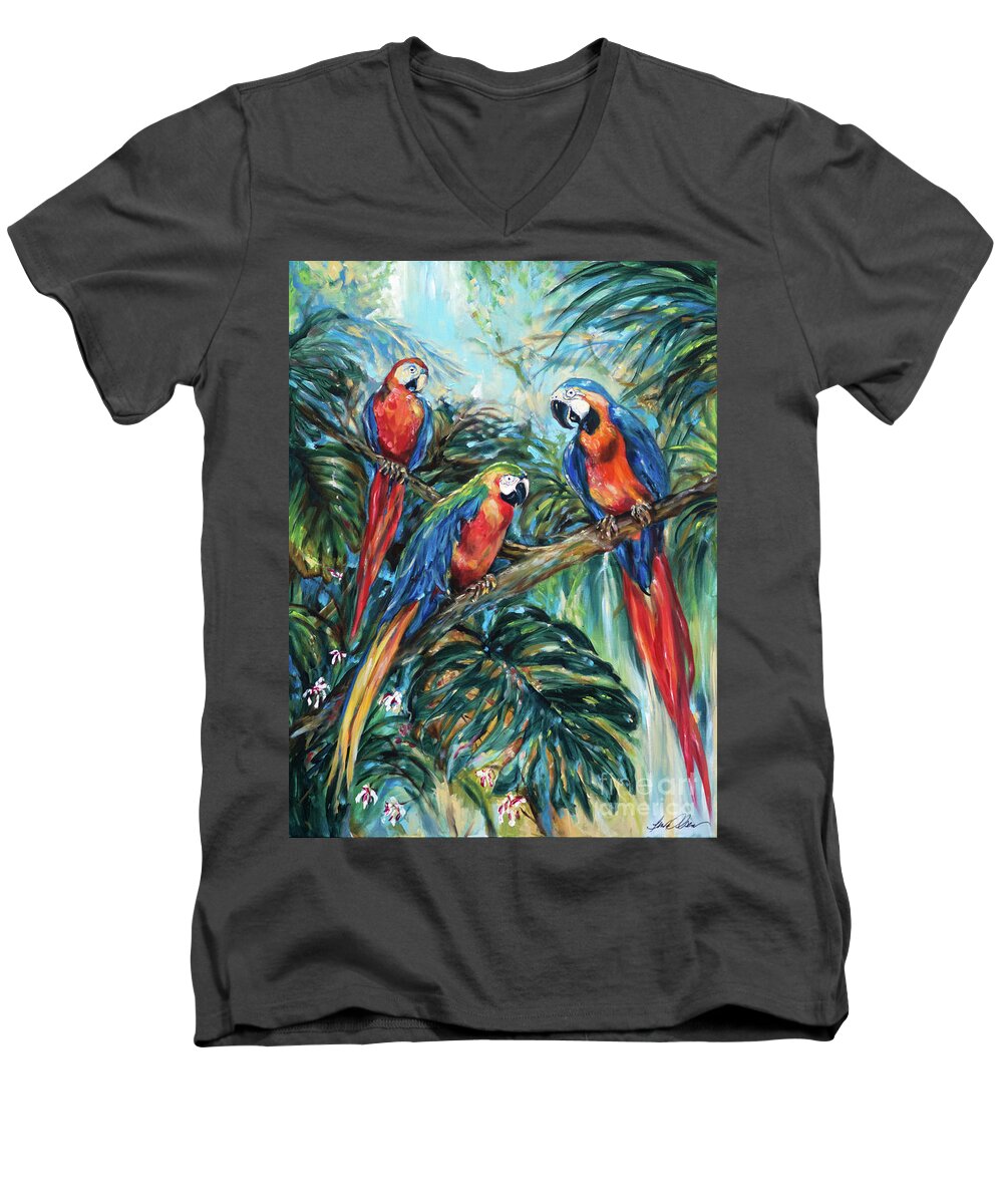 Ocean Men's V-Neck T-Shirt featuring the painting Parrot Choir by Linda Olsen