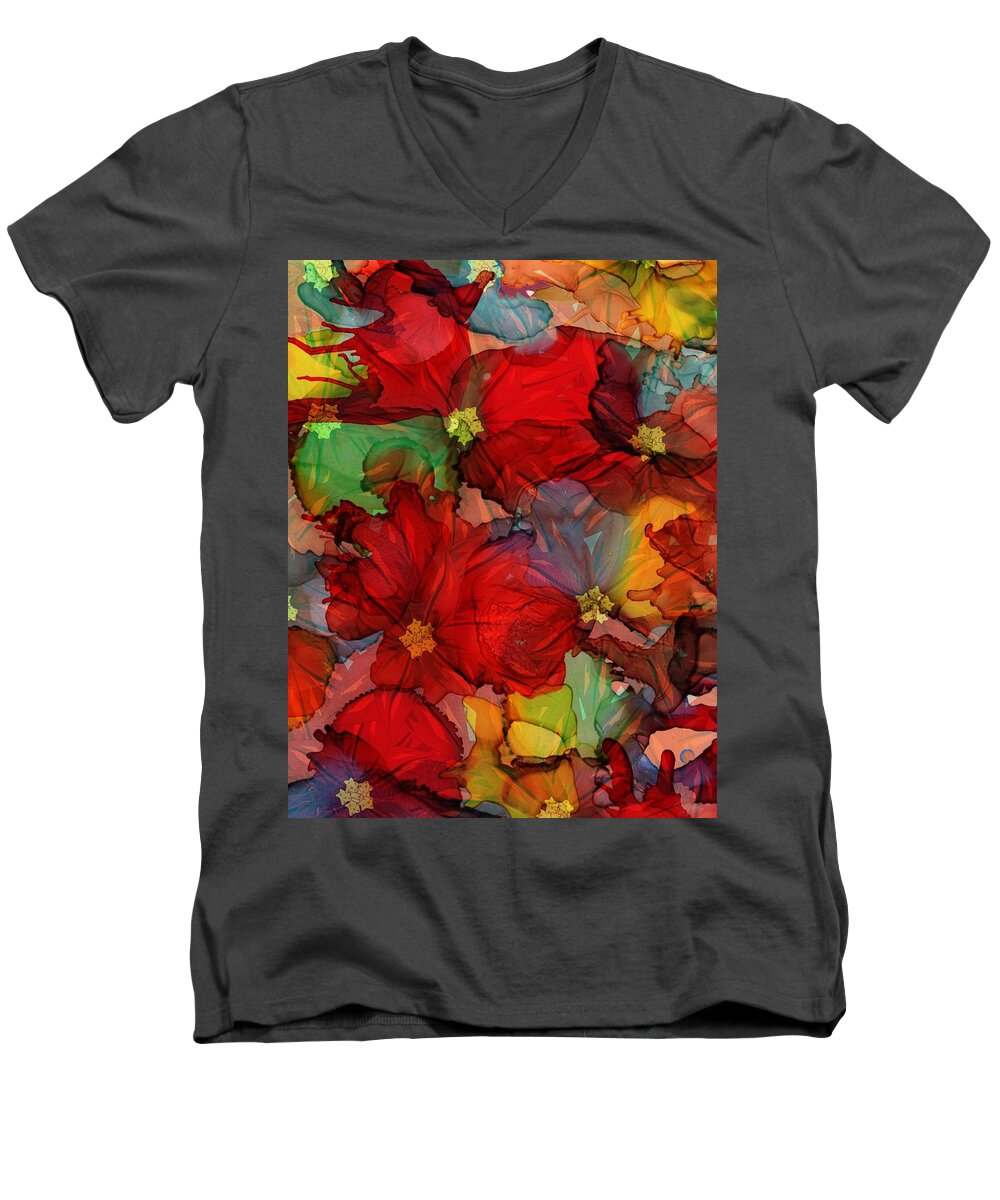 Abstract Men's V-Neck T-Shirt featuring the mixed media Passion of Flowers by Klara Acel
