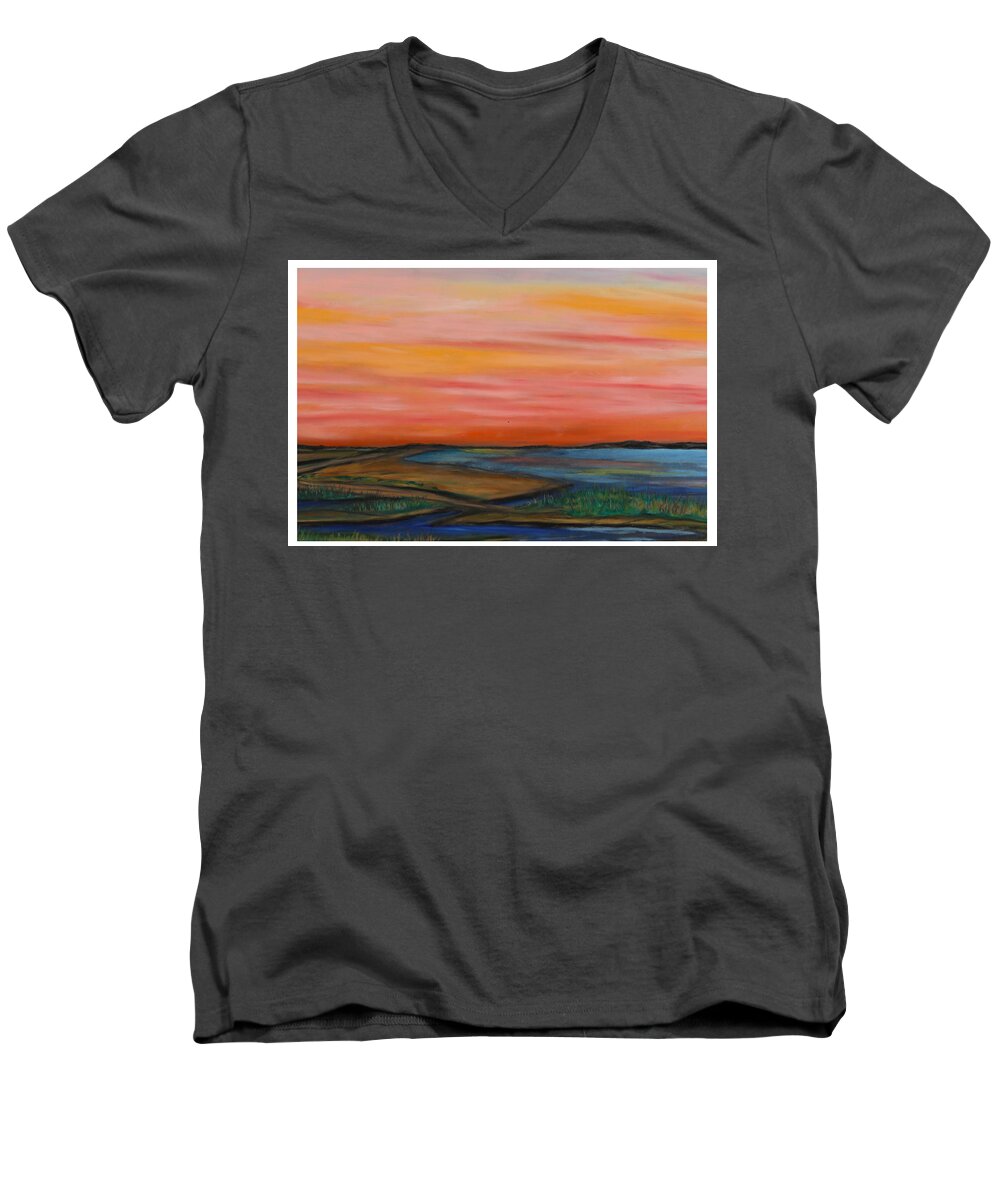 Water Coastal Sunset Ocean Coastal Marsh Blue Sand Beach Grass Dunes Red Yellow Pink Blue Green Sand Heat Passion Peace Tranquility Spiritual Men's V-Neck T-Shirt featuring the pastel Path to Peace by Daniel Dubinsky
