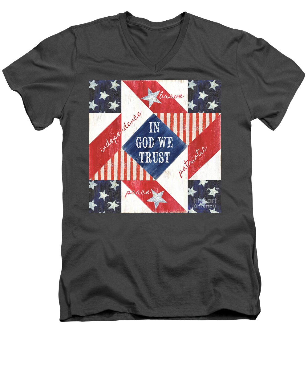 Patriotic Men's V-Neck T-Shirt featuring the painting Patriotic Quilt 2 by Debbie DeWitt