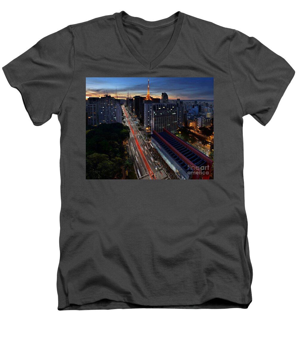 Brazil Men's V-Neck T-Shirt featuring the photograph Paulista Avenue and MASP at Dusk - Sao Paulo - Brazil by Carlos Alkmin