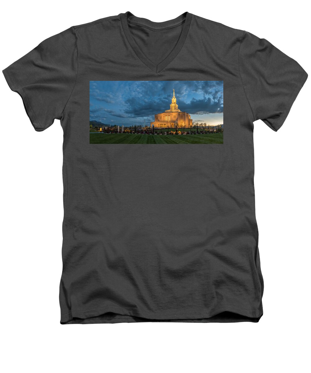 Payon Men's V-Neck T-Shirt featuring the photograph Payson Temple Panorama by Dustin LeFevre