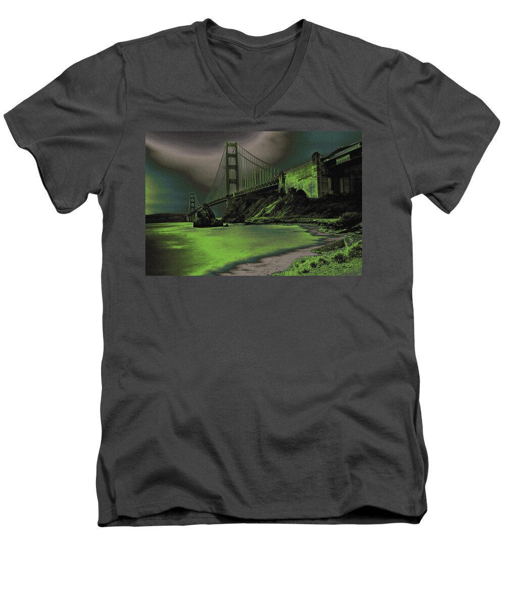 Golden Gate Bridge Men's V-Neck T-Shirt featuring the photograph Peaceful Eerie Feeling by Marnie Patchett