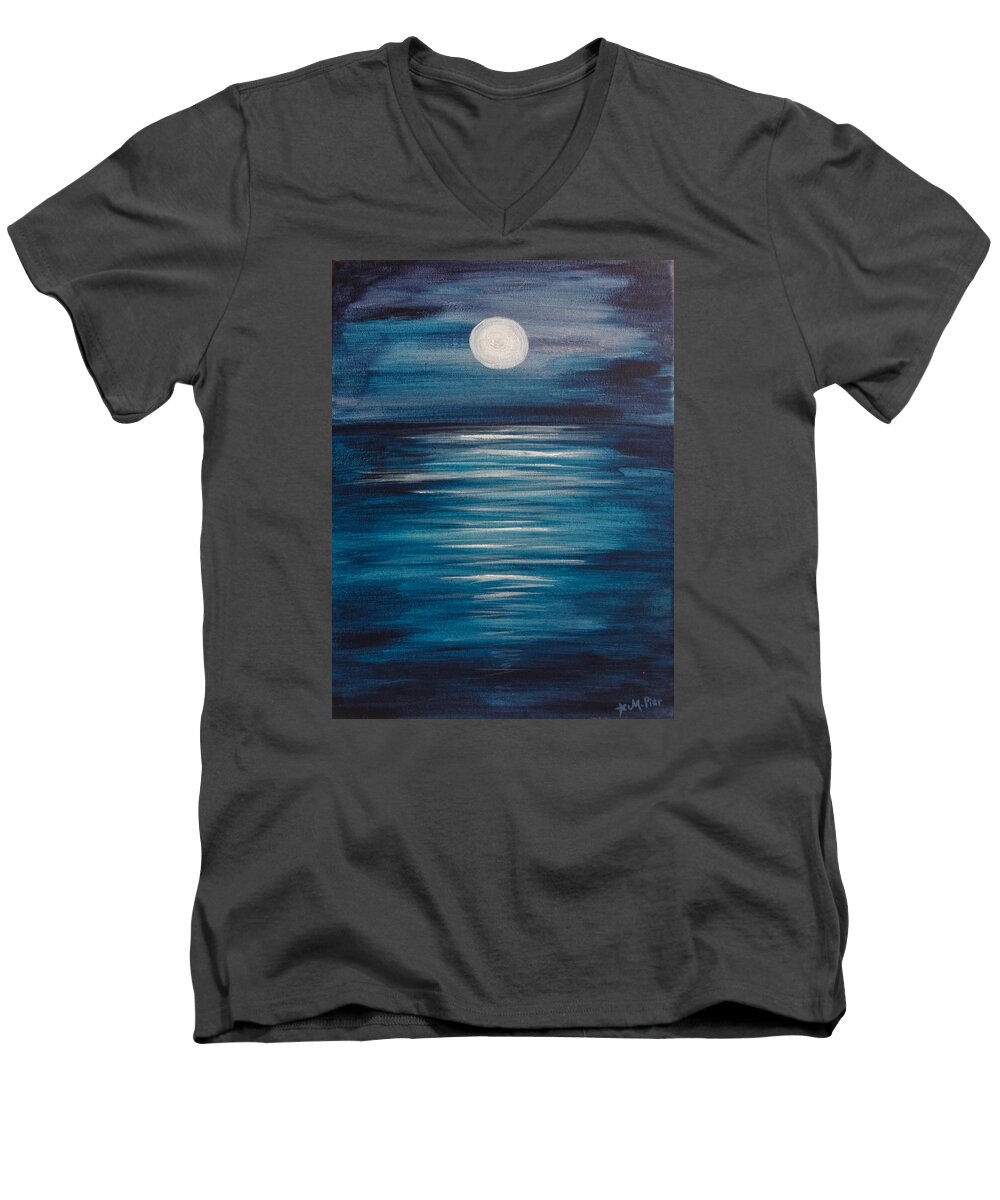 Peaceful Men's V-Neck T-Shirt featuring the painting Peaceful Moon at Sea by Michelle Pier