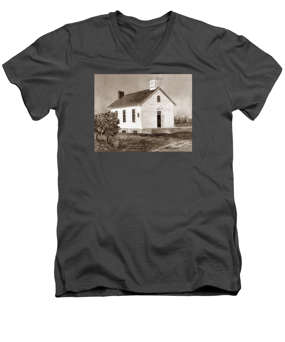 School Men's V-Neck T-Shirt featuring the painting Peach Grove School Sepia by LeAnne Sowa