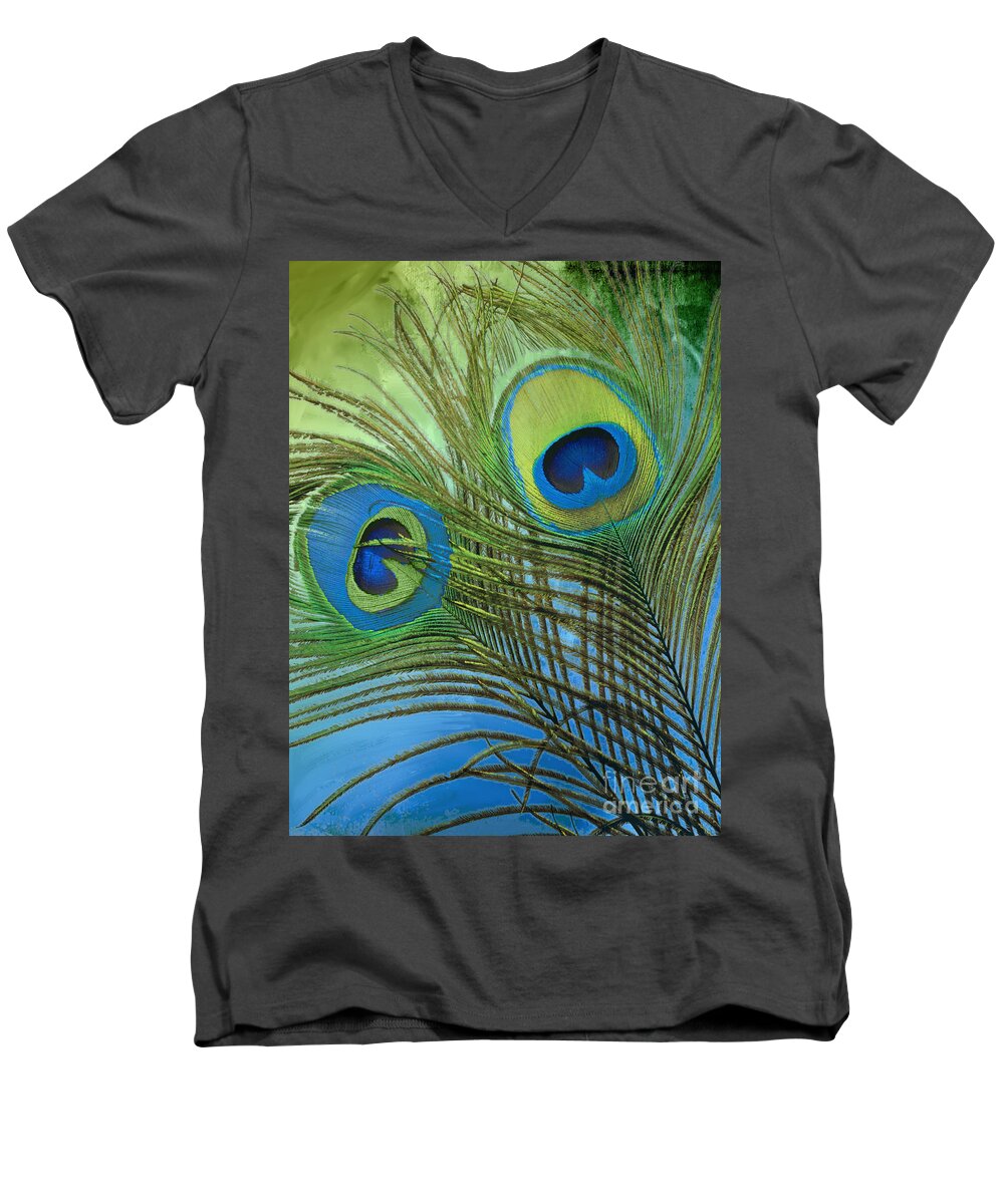 Peacock Feathers Men's V-Neck T-Shirt featuring the painting Peacock Candy Blue and Green by Mindy Sommers
