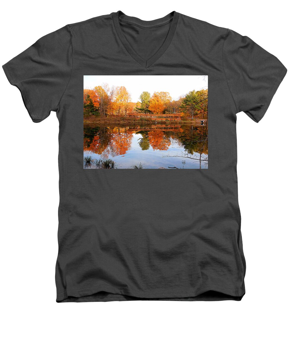 Peak Autumn Reflection Men's V-Neck T-Shirt featuring the painting Peak Autumn reflection 2 by Jeelan Clark