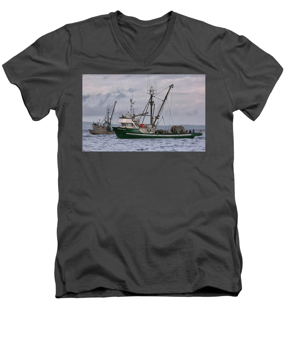 Pender Isle Men's V-Neck T-Shirt featuring the photograph Pender Isle And Santa Cruz by Randy Hall