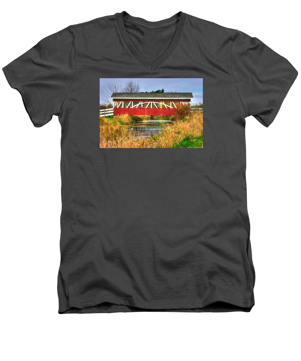 Oregon Dairy Covered Bridge Men's V-Neck T-Shirt featuring the photograph Pennsylvania Country Roads - Oregon Dairy Covered Bridge Over Shirks Run - Lancaster County by Michael Mazaika