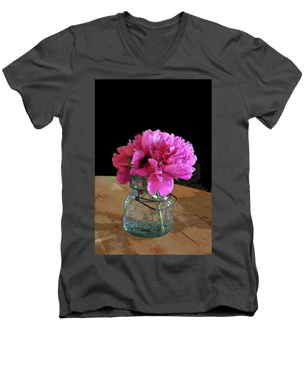 Peony Men's V-Neck T-Shirt featuring the photograph Peony - altered by Aggy Duveen