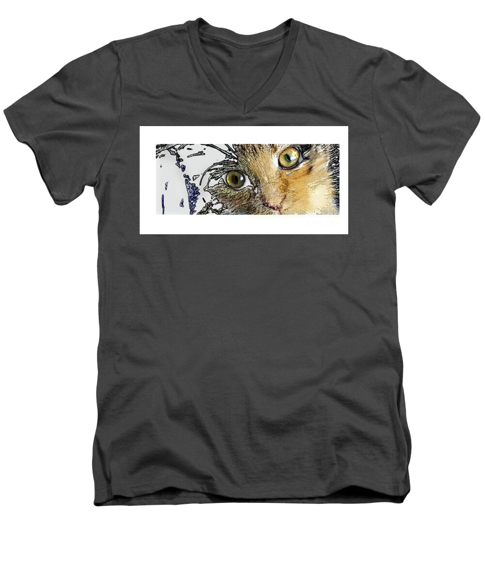 Cat Men's V-Neck T-Shirt featuring the digital art Pepper Eyes by Deb Nakano